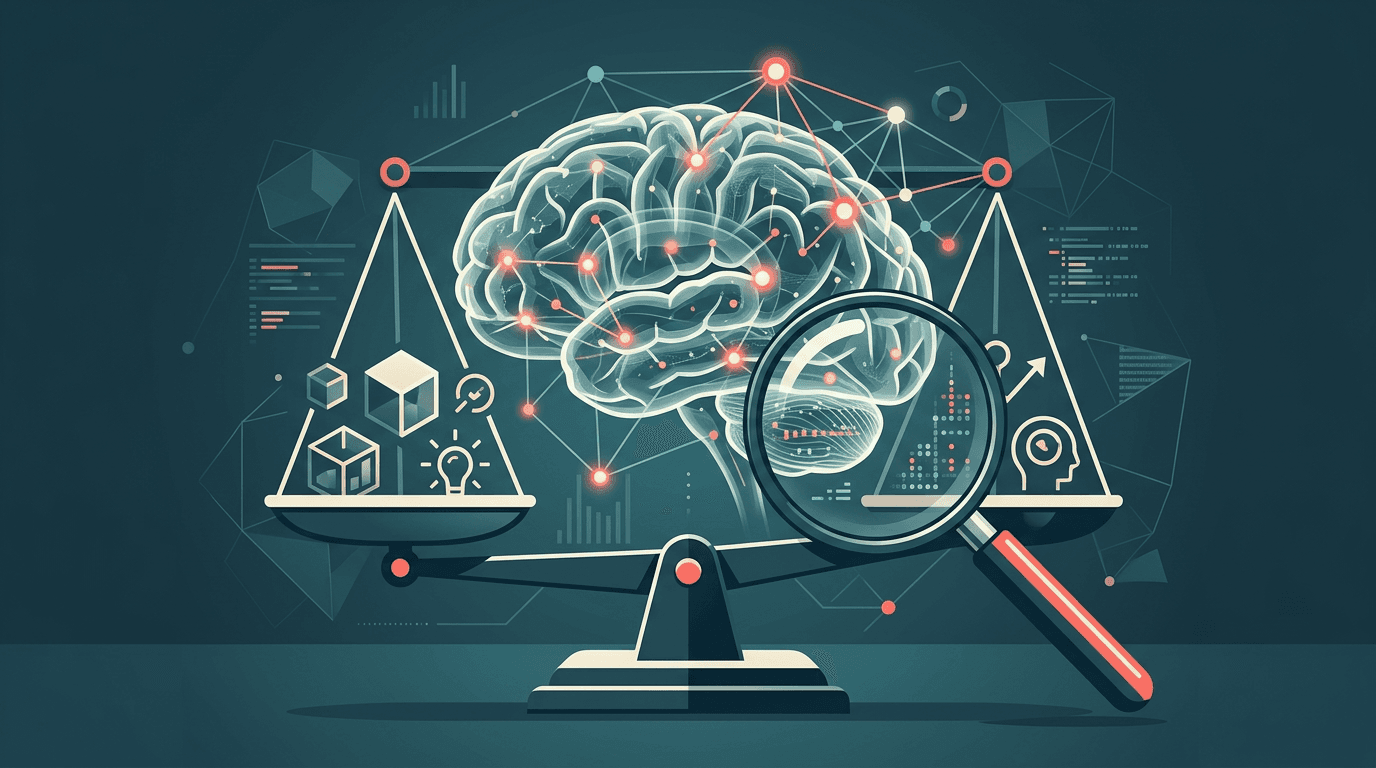 An AI neural network balanced on a scale of justice under a magnifying glass, representing the evaluation of AI tools