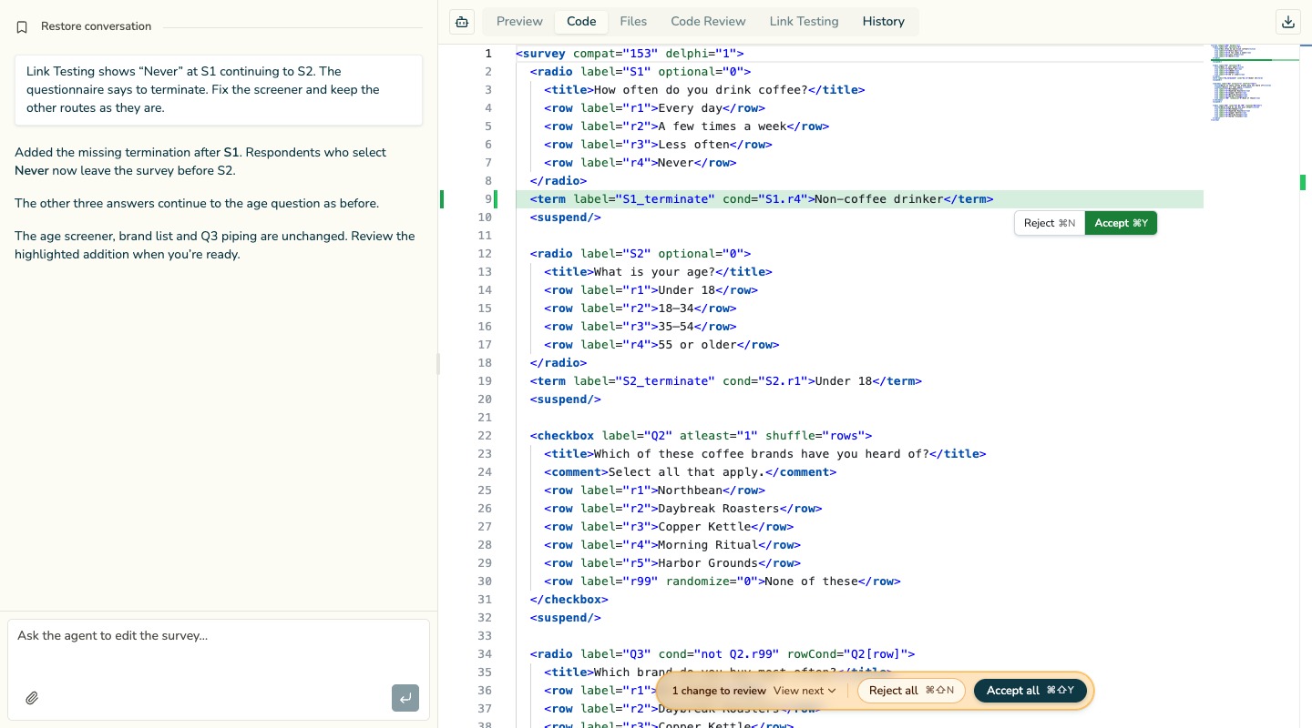 Questra Review workspace: a request to fix the S1 screener that Link Testing flagged, the agent’s reply, and the Decipher source with the new termination highlighted beside Accept and Reject controls.